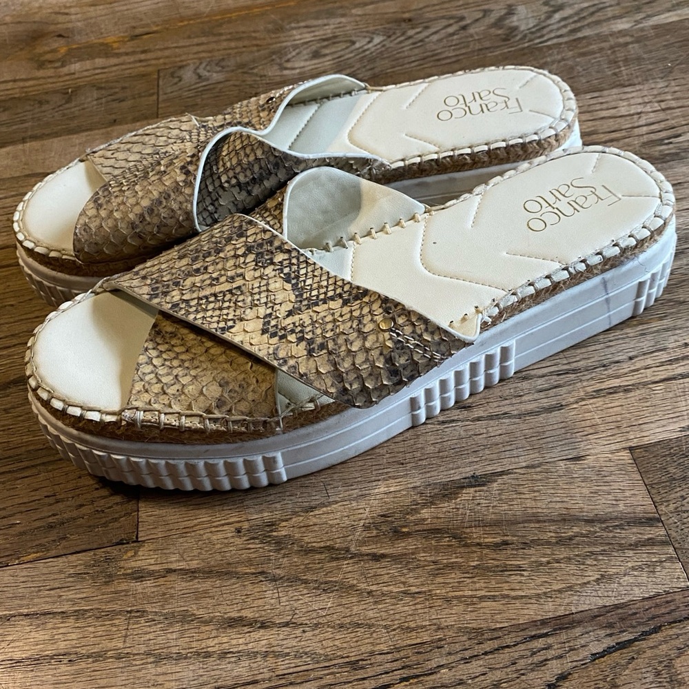 Franco Sarto Taupe Snake-Print Crossover Slide Sandals